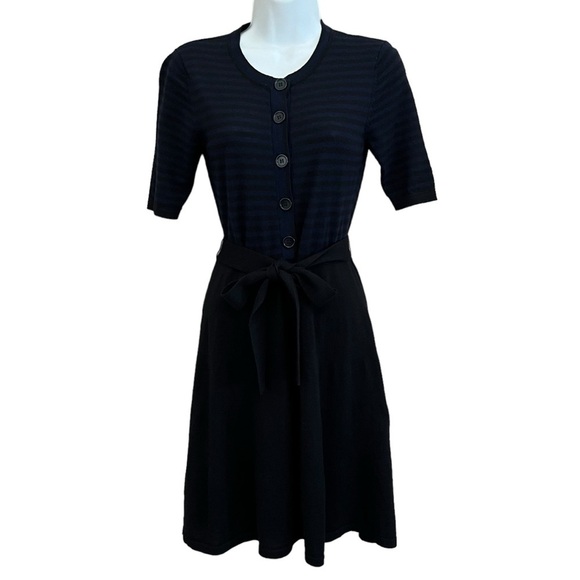 BCBG Maxazria Blue/Black Stripe Merino Wool Fit & Flare Sweater Dress Size XS - Picture 1 of 11